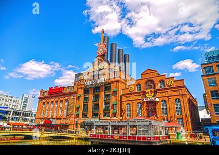 Lo storico edificio Barnes and Noble con un Hard Rock Cafe a Seattle Foto Stock