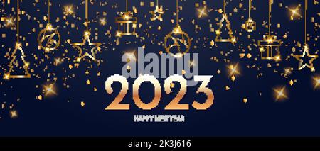 Felice nuovo sfondo di 2023 anni con elementi dorati. Banner di auguri per le festività invernali Illustrazione Vettoriale