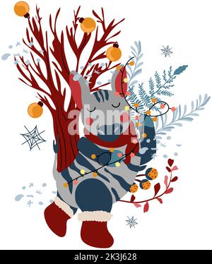 Sfondo con una zebra carina in una sciarpa che tiene ghirlande e un albero con giocattoli di Natale, foglie decorative, bacche. Magico animale invernale. Ideale per biglietti d'auguri, poster, volantini, striscioni. Vettore. Illustrazione Vettoriale