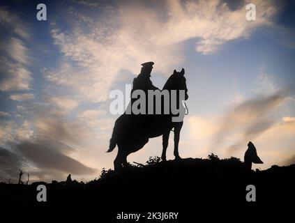 Un solo soldato a cavallo, durante una pattuglia di cavalleria nella prima guerra mondiale, all'inizio della guerra ogni grande esercito aveva una notevole cavalleria, e all'inizio si esibì bene. Tuttavia, lo sviluppo del filo spinato, delle mitragliatrici e della guerra di trincea ha presto reso gli attacchi a cavallo molto più costosi e inefficaci sul fronte occidentale. Foto Stock