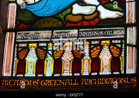 Ricardus Greenall,Archidiaconus Cestrensis,parete Sud,finestra di Giovanni Battista, a St Thomas, Stockton Heath, Warrington, Cheshire,Inghilterra,UK,WA4 6HJ Foto Stock