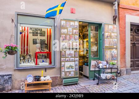 Negozio di antiquariato, Köpmansgatan, Gamla Stan, Stoccolma, Svezia Foto Stock