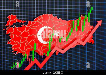 Crescita economica in Turchia, crescita del mercato, concetto. Rendering 3D su sfondo blu scuro Foto Stock