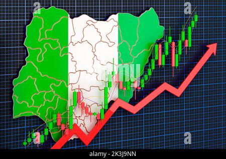 Crescita economica in Nigeria, mercato in crescita, concetto. Rendering 3D su sfondo blu scuro Foto Stock