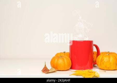 Una tazza di caldo caffè autunno bevanda o tè con zucche e decorazione autunnale su uno sfondo bianco vuoto. Foto di alta qualità Foto Stock