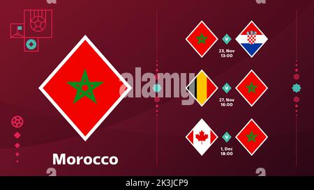 nazionale del marocco programma le partite nella fase finale del Campionato del mondo di Calcio 2022. Illustrazione vettoriale delle partite di calcio del mondo 2022. Illustrazione Vettoriale