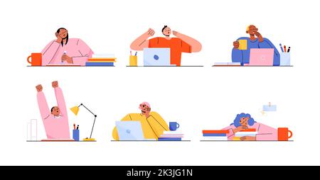 Set di persone sonnolenti stanco di lavoro al computer o di studiare. Esausti personaggi piatti maschili e femminili seduti alla scrivania con occhi chiusi, sbadigliati, stretching. Freelance sovraccarichi di lavoro. Illustrazione vettoriale Illustrazione Vettoriale