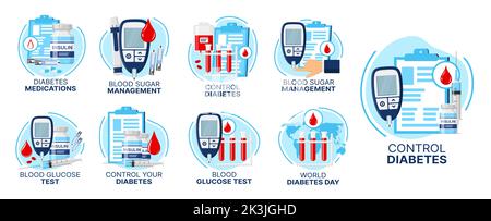 Icone per la cura del diabete, test della glicemia, controllo dell'insulina e del glucosio o glucometro, simboli medici vettoriali. Gestione della salute del diabete e simbolo della giornata mondiale, trattamento della malattia diabetica e icone di monitoraggio Illustrazione Vettoriale