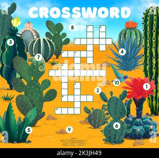 Foglio di lavoro griglia croce flora e fauna del deserto messicano. Trova un gioco di quiz vettoriale di parola o puzzle di istruzione. Cartoon cactus fiori, camaleonte, uccello, agave, aloe succulente piante riempiono in piazze riddle Illustrazione Vettoriale