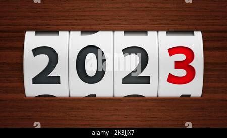 Componente di progettazione di un contatore che mostra l'anno 2023, rendering tridimensionale, illustrazione 3D Foto Stock