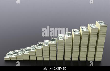 Grandi pile di denaro da dollari con backround vuoto. Finanza del dollaro concettuale. rendering 3d Foto Stock