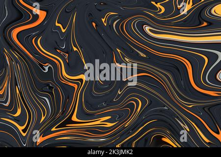 Texture astratta nera con vortice e vene gialle, astrazione senza cuciture, modello futuristico. Sfondo colorato di vernice liquida. Onde. Progettazione di piastrelle. C Foto Stock
