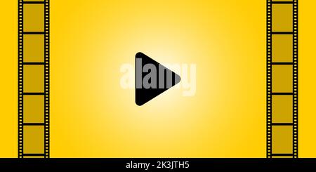 Immagine del pulsante di avvio e della striscia di pellicola sullo schermo giallo. Poster cinematografico. Banner, poster. Illustrazione vettoriale. Illustrazione Vettoriale