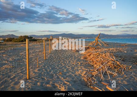 Recinzione di confine del parco naturale di Guadalhorce, lato spiaggia vicino a Malaga, Andalusia, Spagna. Foto Stock