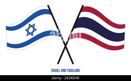 Bandiere di Israele e Thailandia attraversate e ondeggianti stile piatto. Proporzione ufficiale. Colori corretti. Illustrazione Vettoriale