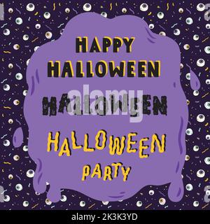 Illustrazione vettoriale disegnata a mano della scritta di Halloween. Con sfondo retrò con motivo a bulbo oculare. Calligraphy di festa di Halloween di Spooky. Illustrazione Vettoriale