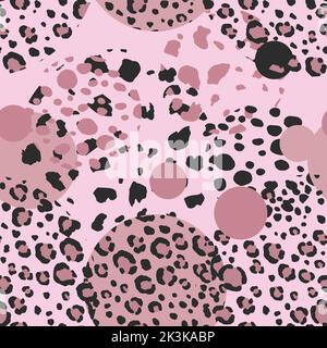 Astratto moderno leopardo motivo senza giunture con cerchi. Animali sfondo alla moda. Illustrazione vettoriale decorativa a colori per stampa, cartoncino, tessuto Illustrazione Vettoriale