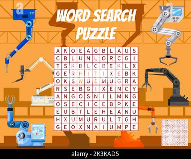 Robot armi sulla fabbrica parola di ricerca puzzle foglio di lavoro gioco. Griglia dei quiz per bambini, puzzle didattici o pagina vettoriale di test per bambini con attività di apprendimento dell'alfabeto. Giochi logici per bambini con attività di ricerca di parole Illustrazione Vettoriale