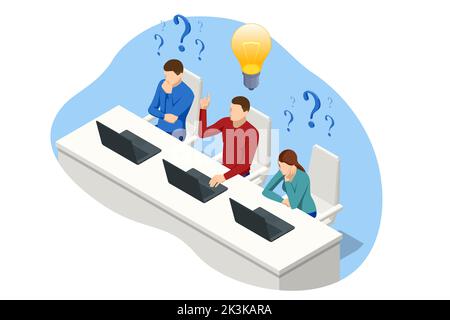 Concetto di FAQ isometriche Domande frequenti. Donna e uomo chiedono domande e ricevono risposte. Uomini d'affari che chiedono Wuestions intorno ad un enorme Illustrazione Vettoriale