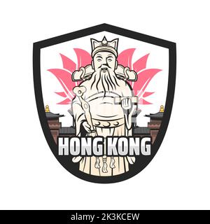 Hong Kong viaggio icona con il dio sorridente della fortuna, monastero buddista, tempio e fiore di loto. Cultura della città di Hong Kong, attrazioni religiose o luoghi di interesse. Badge vettoriale retrò con simboli di Hong Kong Illustrazione Vettoriale