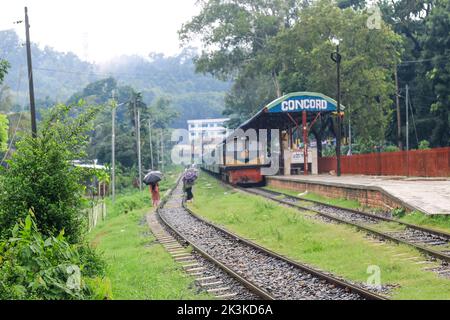 La gente aspetta sotto la pioggia per il treno. E' una stazione ferroviaria piovosa. Università di Chittagong, Bangladesh stazione ferroviaria. Foto Stock