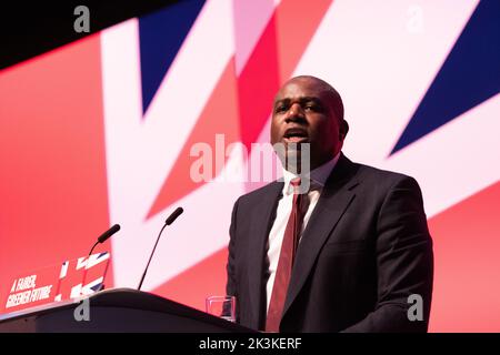 Liverpool UK 27 settembre 2022, DAVID LAMMY Shadow Secretary of state for Foreign, Commonwealth and Development Affairs at Labour Party Liverpool 27 settembre 2022 conferenza .Labour a Liverpool. Liverpool Kings Dock. Liverpool, Regno Unito. Immagine: gary Roberts/worldwidefeatures.com Foto Stock