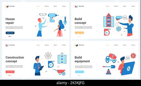 Servizio di riparazione per illustrazione vettore set house. Cartoon manutenzione e ristrutturazione casa, lavori di costruzione con attrezzature e strumenti concetto per banner, sito web design o landing web page Illustrazione Vettoriale