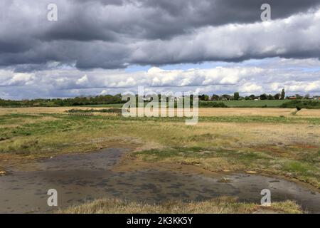 Vista sulla riserva naturale nazionale di Walberswick, sul villaggio di Walberswick, sulla contea di Suffolk, Inghilterra, Regno Unito Foto Stock