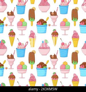 Modello estivo senza cuciture con gelato al cartone animato, papicola, fragola, cioccolato. Carta da imballaggio, tessuto, carta da parati. Dolce cibo estivo. V Illustrazione Vettoriale