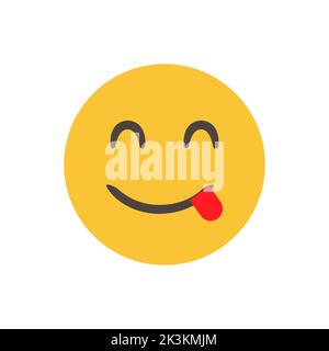 Gustoso, delizioso, yum. Divertente emoticon giallo. Emoticon sorridente carattere design. Isolato 3D. Vector Emoji. Per app Illustrazione Vettoriale