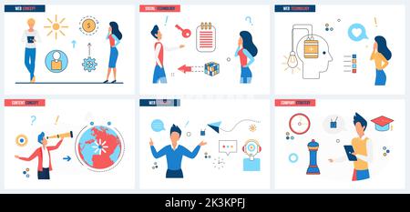 Tecnologia di comunicazione, strategia di sviluppo sociale dell'illustrazione del vettore dell'insieme dell'azienda. Ottimizzazione del business dei cartoni animati, concetto di soluzioni di marketing per banner, design di siti web o landing web page Illustrazione Vettoriale