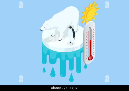 Concetto di riscaldamento globale isometrico. Orso polare e pinguino su ghiaccio galleggiante con termometro. Sciogliere l'iceberg e il riscaldamento globale. Cambiamento climatico. Ecologico Illustrazione Vettoriale