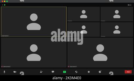 Interfaccia utente per videoconferenza modello. Applicazione per le chiamate. Video call screen mockup. Interfaccia utente da webinar video. Tecnologia per videochiamate. Illustrazione Vettoriale