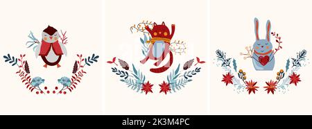 Carino composizione invernale con pinguino una sciarpa, gatto divertente e coniglio carino in corona, fiori e leaves.cute inverno animals.Perfect per biglietti d'auguri, poster, cartolina, banner. Vettore. Vettore Illustrazione Vettoriale