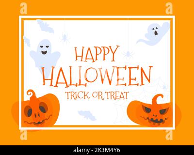 Halloween felice 31st ottobre, trucco o trattare. Cornice festiva con zucche e fantasmi. Design festivo per striscioni e poster. Illustrazione vettoriale Illustrazione Vettoriale