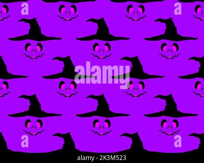 Halloween felice 31st ottobre, trucco o trattare. Halloween faccia intagliata in cappello di strega senza cuciture modello. Faccia spaventosa del male con gli occhi luminosi. Design per Greet Illustrazione Vettoriale