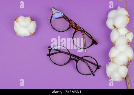 Eleganti occhiali da donna su sfondo viola con fiori di cotone Foto Stock