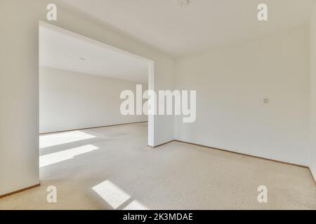 Soggiorno vuoto in appartamento con moquette e pareti bianche Foto Stock