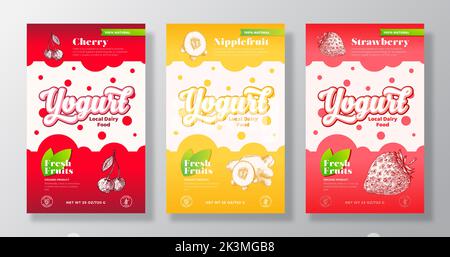 Set di modelli per etichette yogurt frutta e Berries. Raccolta di layout di progettazione di packaging astratto Vector Dairy. Banner moderno con fragola disegnata a mano Illustrazione Vettoriale