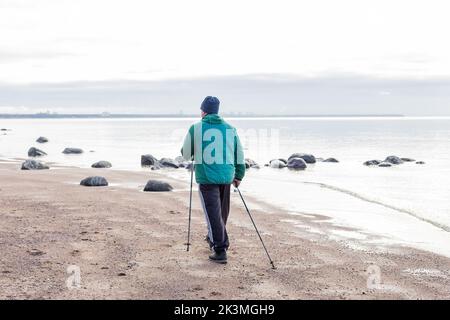 Nordic walking, vista posteriore su anziani uomini caucasici anziani europei passeggiate con canne vicino al lago. Esercizi sportivi per spine e articolazioni sane, terapia Foto Stock