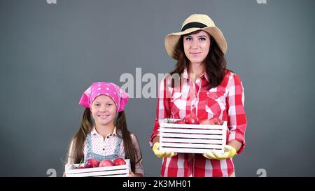 ritratto di famiglia di contadini, madre e figlia tenendo in mano scatole di legno con mele biologiche rosse mature, sorridente, su sfondo grigio in studio. Foto di alta qualità Foto Stock