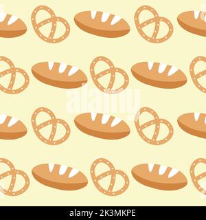 Icone di panetteria senza cuciture sfondo di prodotti da forno e pasticceria senza cuciture, con icone di pane e colazione, brioche, viennoiserie, torte, crescen Foto Stock