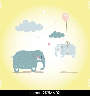 Carino elefante bambino che vola con una mongolfiera. Illustrazione del vettore cartoon. Foto Stock