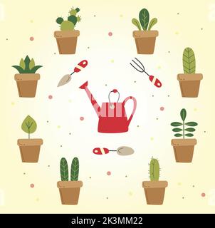 Set di icone giardinaggio, cartoni animati piatti con texture. Illustrazioni disegnate a mano del vettore di giardinaggio. Elementi disegnati a mano carino da giardino. Attrezzi da giardino Foto Stock