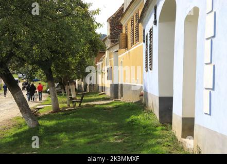 Il villaggio sassone rurale di Viscri in Transilvania, dove il principe Carlo, ora re, possiede una proprietà per contribuire a garantire il suo futuro sostenibile, in Romania Foto Stock