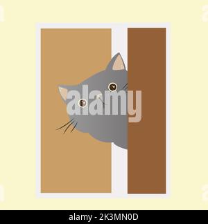 gatto grasso grigio che sbircia fuori da dietro la porta Foto Stock