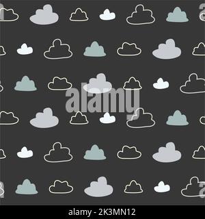 Nuvole carine semplice motivo senza cuciture. Nuvole vettoriali di forme diverse su sfondo blu. Nuvole di cartoni animati per decorare una stanza dei bambini. Scandinavi Foto Stock