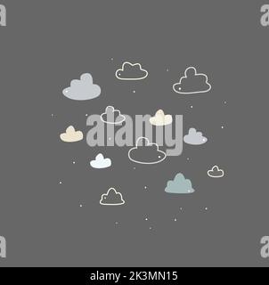 Nuvole carine semplice motivo senza cuciture. Nuvole vettoriali di forme diverse su sfondo blu. Nuvole di cartoni animati per decorare una stanza dei bambini. Scandinavi Foto Stock