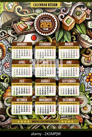 Cartoon doodles giapponese cibo 2023 anno calendario modello Illustrazione Vettoriale