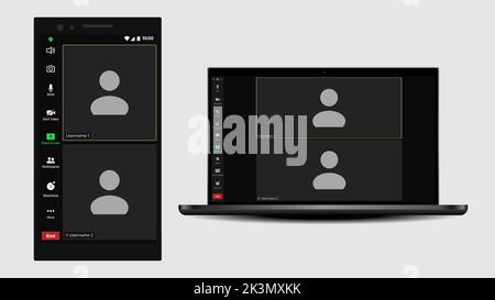 Interfaccia utente per videoconferenze. Sovrapposizione della finestra delle videochiamate. Icona della videoconferenza. Interfaccia utente da webinar video. Flat Vector per l'applicazione meeting. Illustrazione Vettoriale